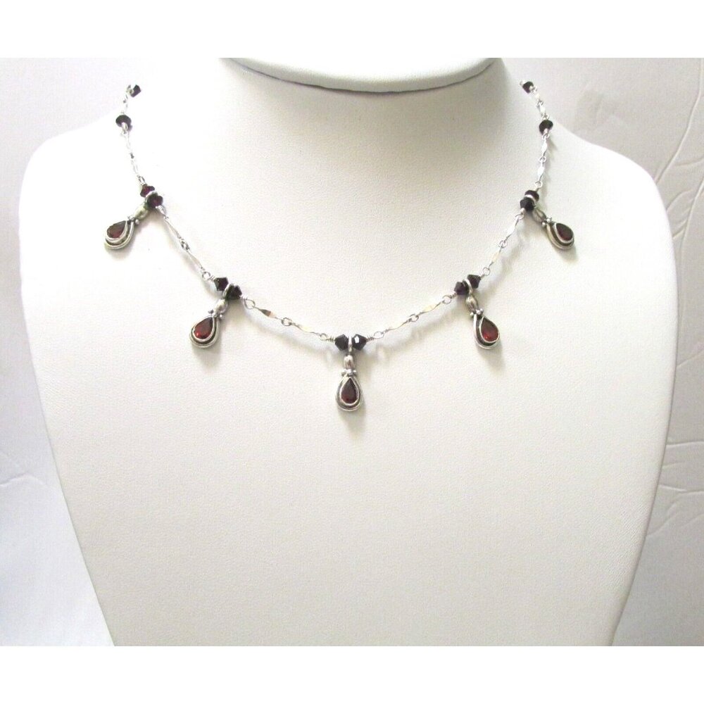 Vintage Sterling Silver 16.5" Tear Shape Garnet & Red Crystals Station Necklace